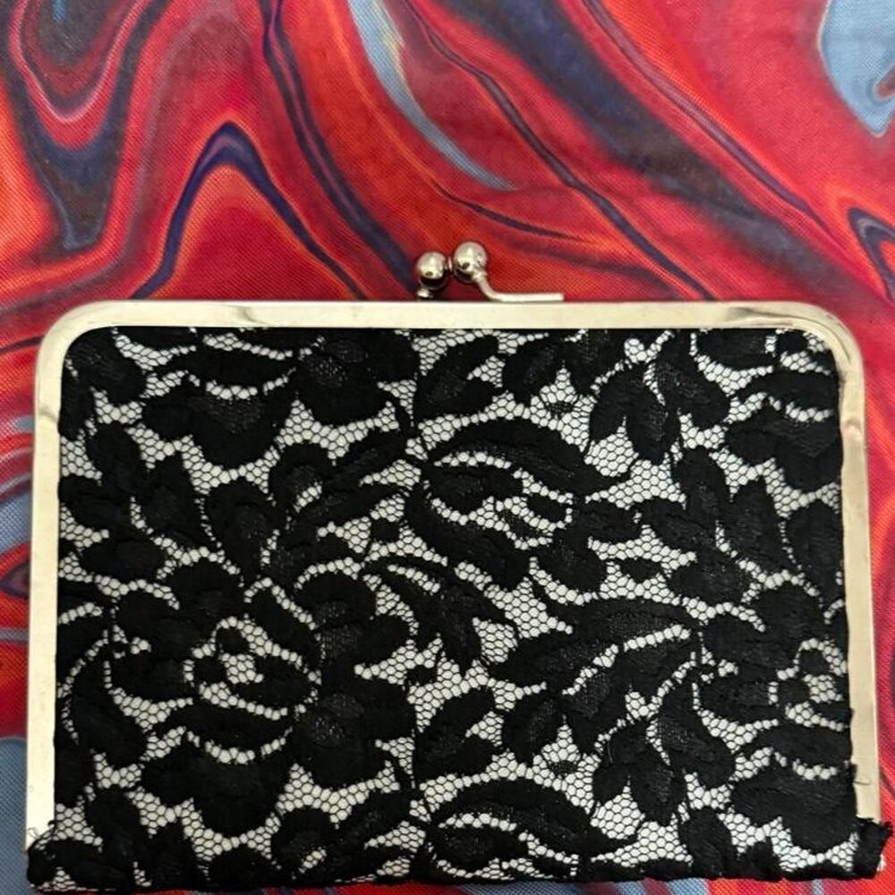 Vintage Black Floral Lace Box Clutch Kiss Lock Bag Coquette Whimsigoth